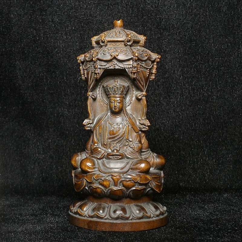 1919 Antique art Size 4 Inch Old Chinese Boxwood Wood Hand Carved 3 Sides Buddha Avalokitesvara kshitigarbha Figure Statue