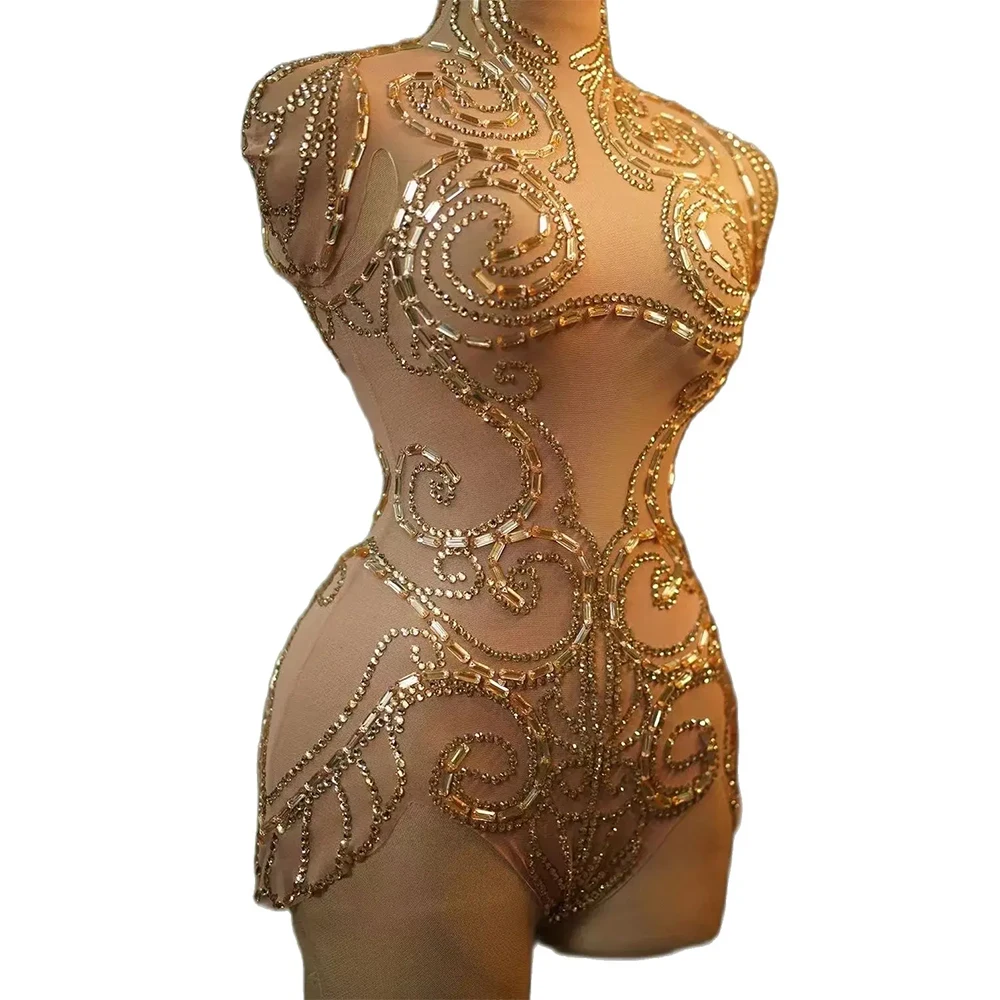 Sparkly Gold Rhinestones Bodysuit Women Sexy Mesh See Through Dance Performance Costume Singer Dancer Show Stage Photoshoot Wear