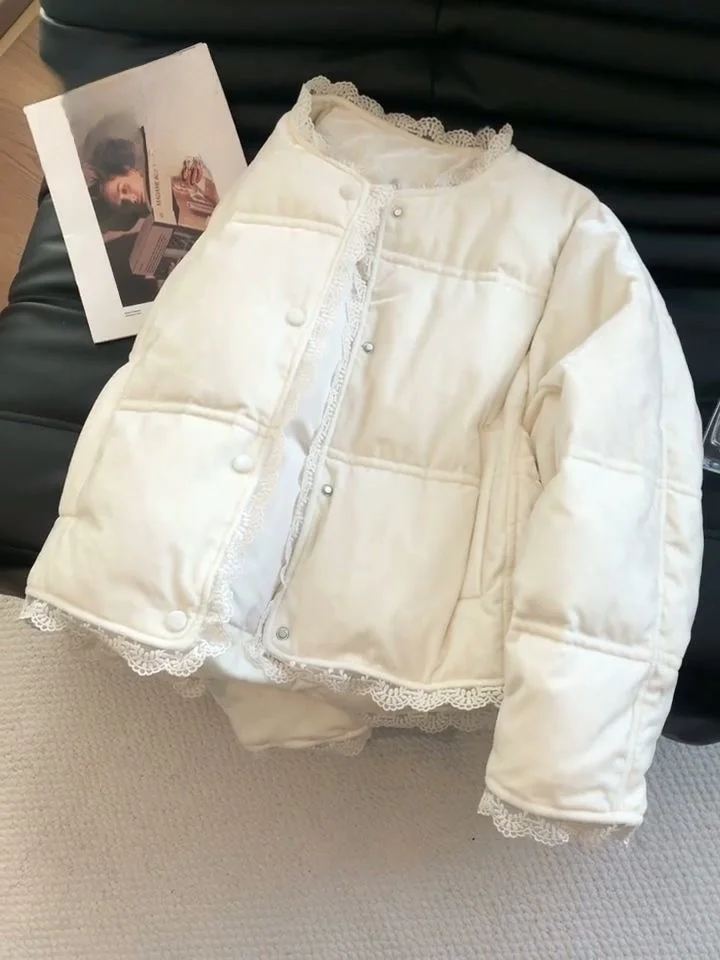 

Korean Sle Anti-Aging Lace Trim Splicing Cotton Jaet Women's Winter Small Size Thi Warm ort Cotton Coat Quilted Vest