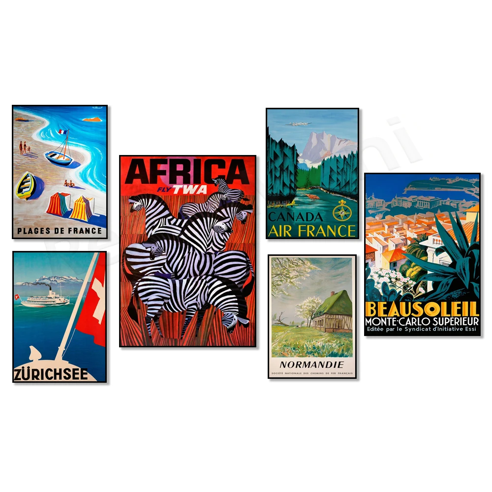 Voyage Monte-Carlo, Zurich, Air France Africa, Canada, Normandy France, Affiche Vintage Voyage Africa Tour travel poster
