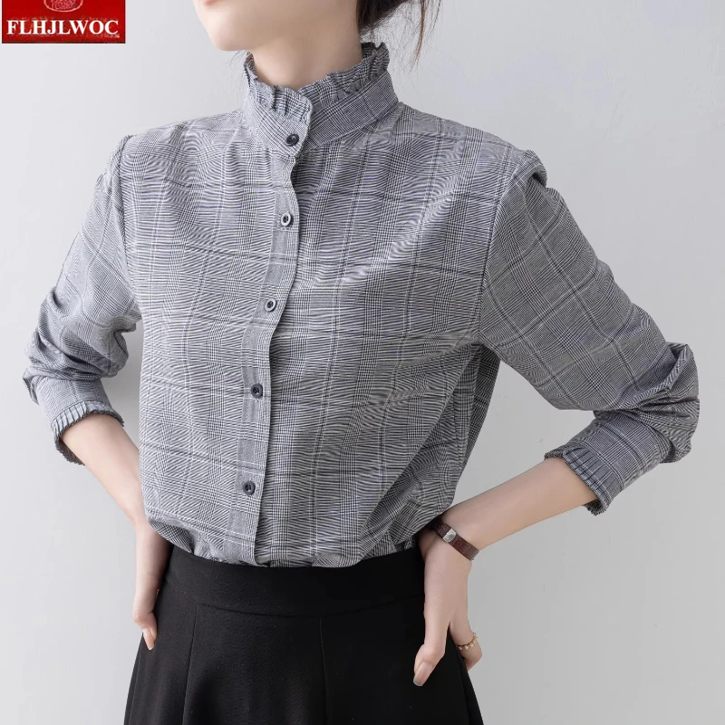 Volants col montant rétro Vintage hauts Blouses femme automne printemps Chic filles mignonnes à manches longues élégant bases gris chemises à carreaux