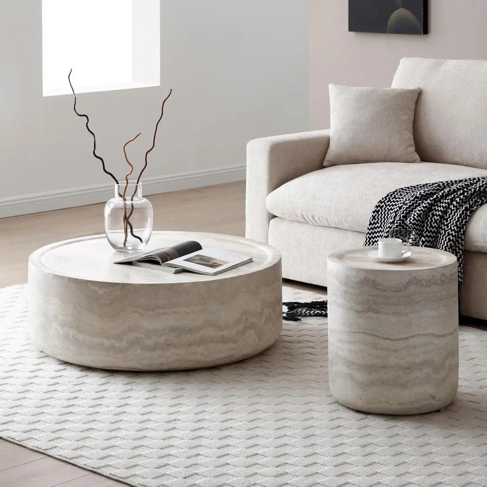 Round Coffee Table for Living Room Circle Coffee Table Modern Drum Center Table for Apartment, Assembly