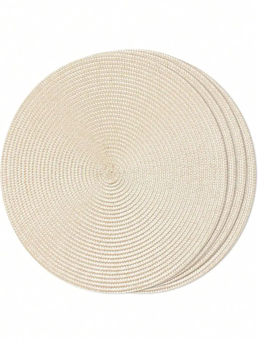 

4-Pack Woven Round Placemats, 15 Inch Washable Non-Slip Table Mats, Neutral Beige for Dining, Weddings, Parties