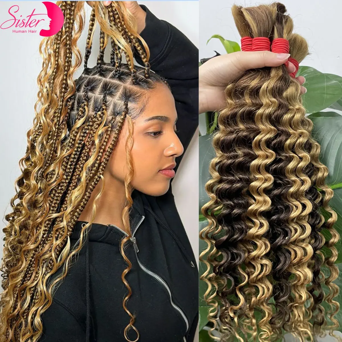 Deep Wave Bulk Human Hair สําหรับ Boho Braids ไม่มี Weft 100% 4/27 Highlight Virgin Human Hair Bulk สําหรับ Braiding Curly Extension Bundle