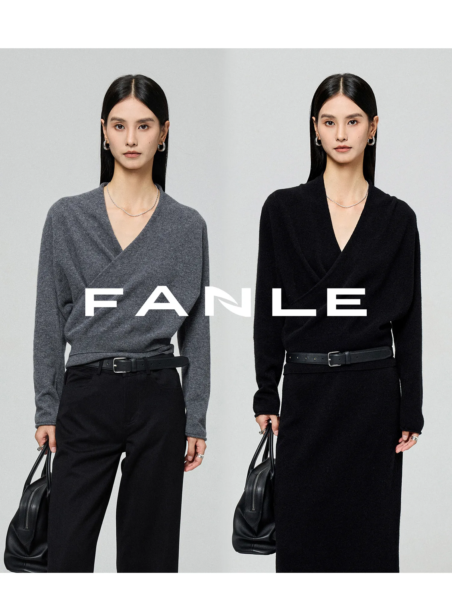 

Camere Wool Sweater V-Ne Design Ele Ladylike Sle Fake Two-Piece Double Layer Cross over Long Sve Knitwear