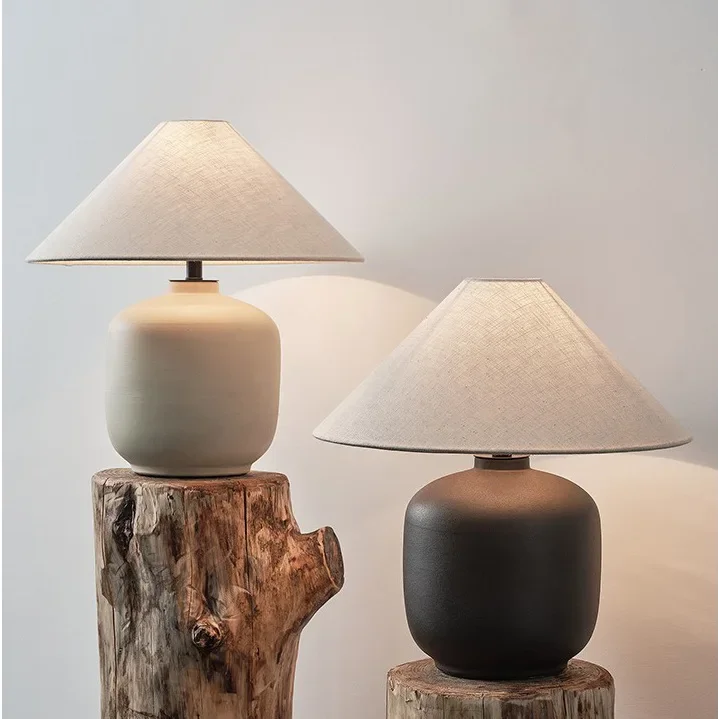 Wabi-sabi Style Living Room Table Lamp LED Pottery Ceramic Fabric Table Lamp Chinese Bedroom Lamp Scandinavian Table Light