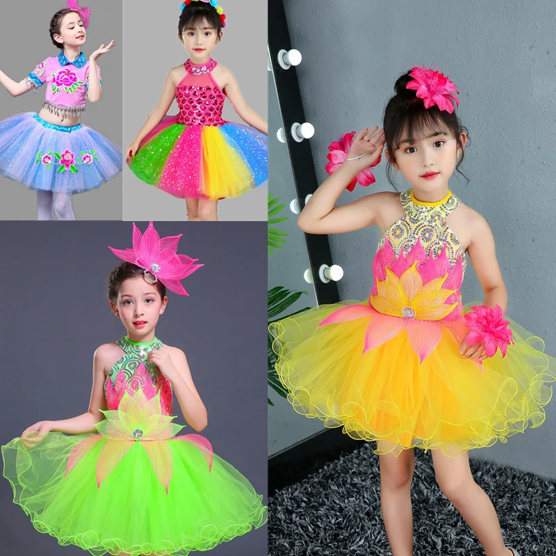 Girls newcostume Children\'s pompadour dress Princess sequin yarn kindergarten dress chorus dress girls dance performance costume