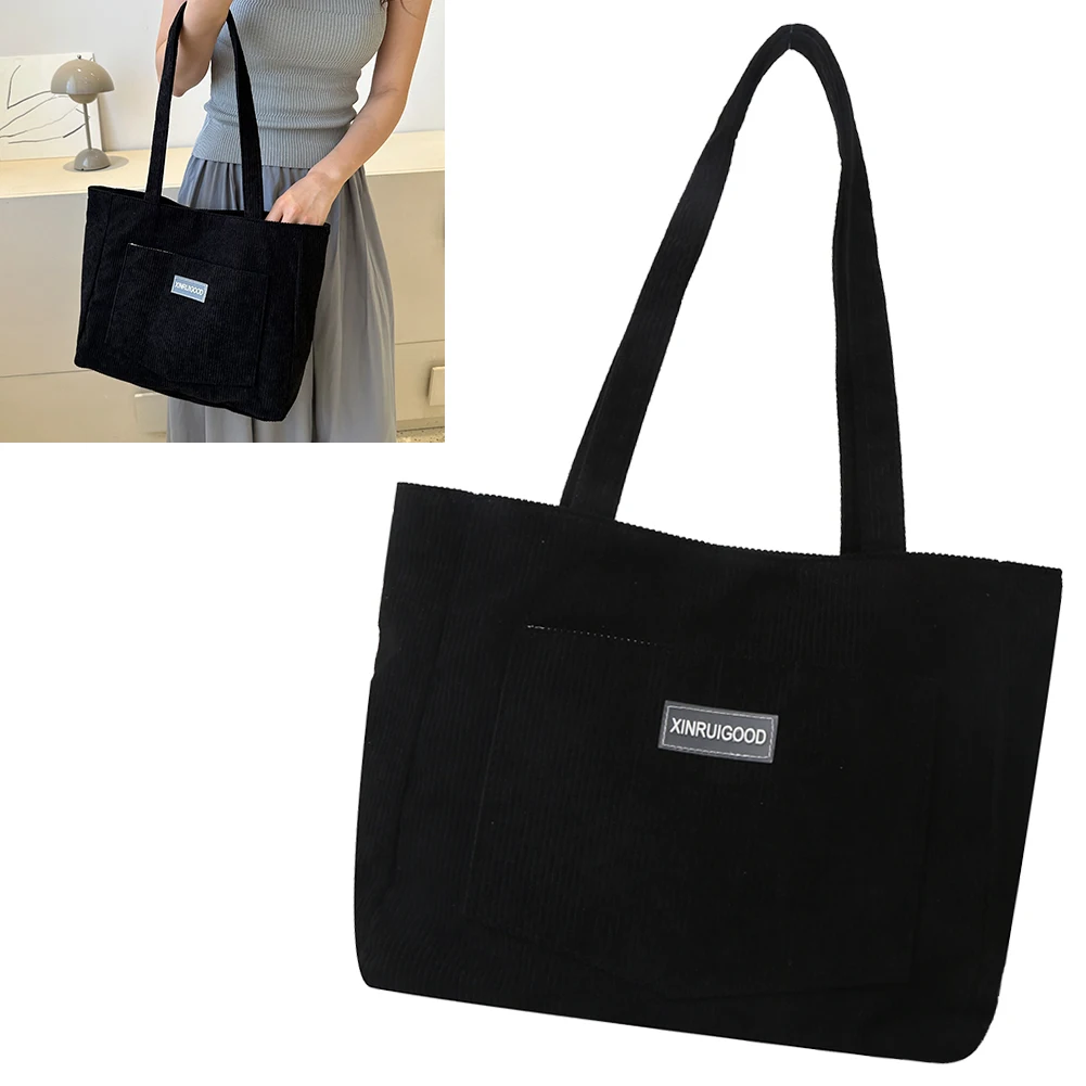 

Women Cord Tote Bag with Pockets Compartments Solid Hobos Bag Casual Shopping Bag Handbags for School Work Shopping