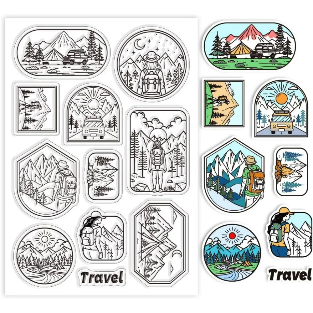 Travel Camping Label Clear Stamps for Cards Making Travel Landscape Clear Stamp Seals Transparent Stamps for DIY Scrapbooking