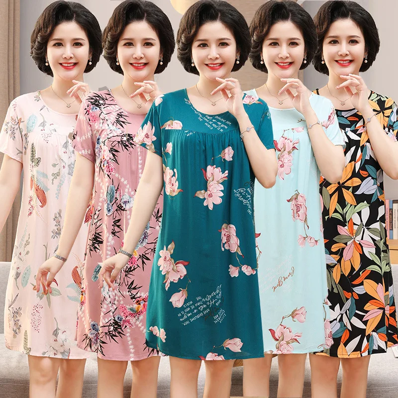 Cotton Silk Nightdress Women\'s Summer Short Sleeve Plus Size Loose Pajamas Loungewear Middle-Aged Nightdress Loungewear