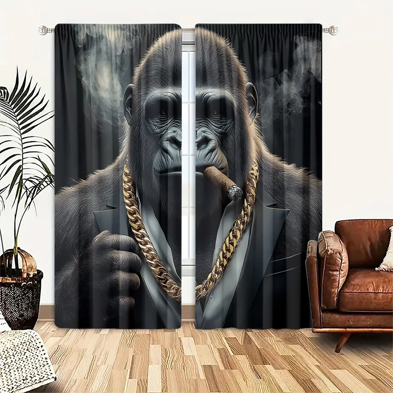 Cool Gorilla Suit Cigar Curtain, Funny Animal Hip Hop Print Drape, Novelty Living Room Bedroom Window Treatment Home Decor