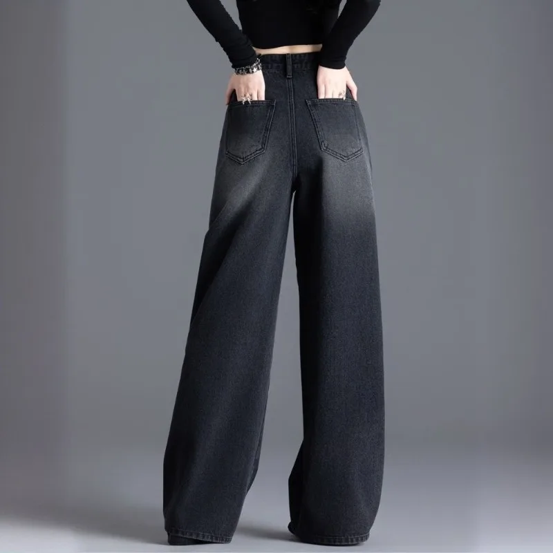 Nowe amerykańskie jeansy retro z polaru na jesień i zimę, z wysokim stanem, luźne, casualowe, wyszczuplające, proste, modne, uniwersalne spodnie z szerokimi nogawkami.