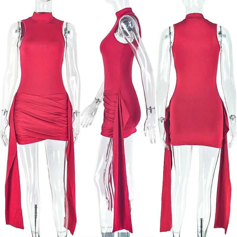 Doyerl ソリッドエレガントな誕生日ドレス 女性用 クラブウェア パーティーナイト ノースリーブ ラッフル ボディコン ミニドレス リボン付き Vestidos