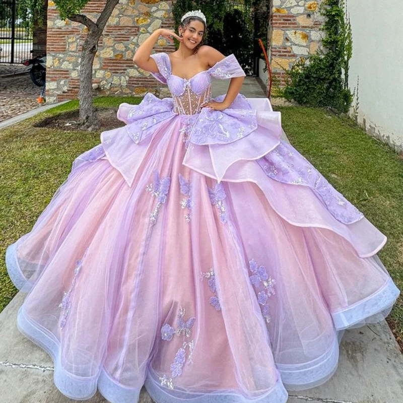 

Pink Lavender Quinceanera Dresses Off The Shoulder Beads Crystal Bow Tull Vestidos De 15 Anos Princess Sweet 16 Dress Birthday