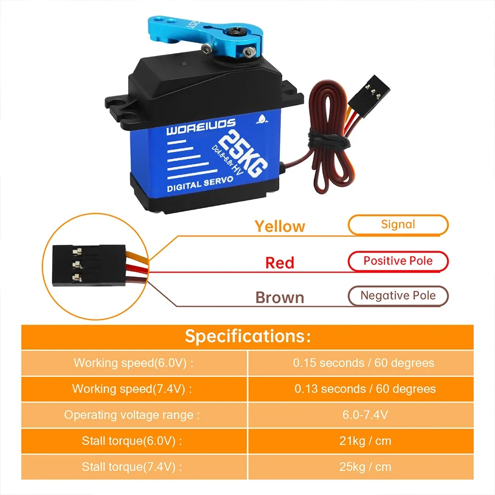 25kg Digital Servo with 25T Servo Arm Waterproof RC Metal Gear Servo Replacement Parts Digital Steering Gear for 1/10 1/8 RC Car