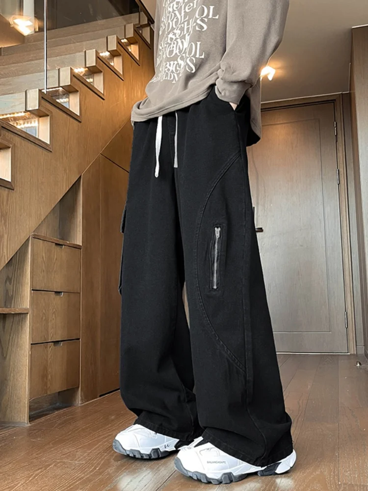 

Men's Workwear Denim Pants Loose Wide Leg Straight Cut Vintage American Sle Durable Cotton Polyester Blend Youth Faion