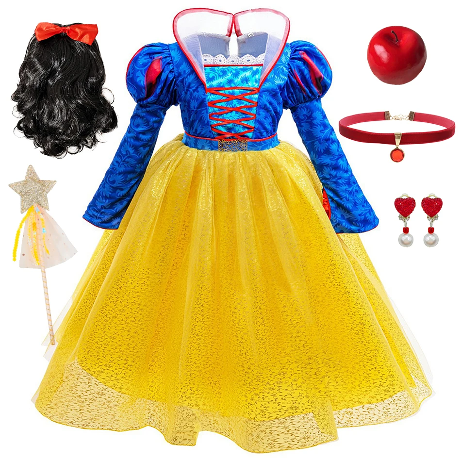 Snow White Cosplay Long Sleeves Princess Dress Girls Halloween Costume Children Stage Event Festival Party Performance Clothes