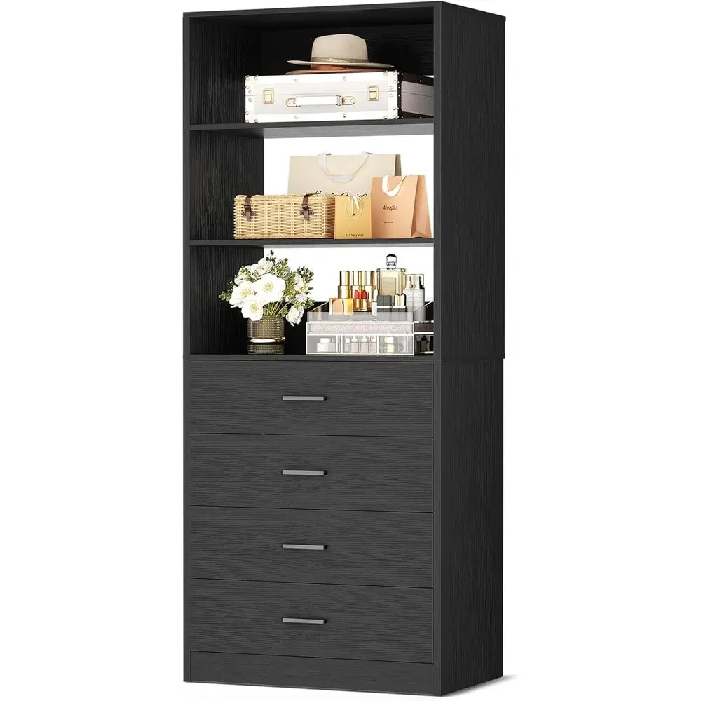 

21.3 Wooden 4-Shelf Walk-in Closet Organizer System, Compact Storage Unit for Small Wardrobes, Tall Cabinet in Black