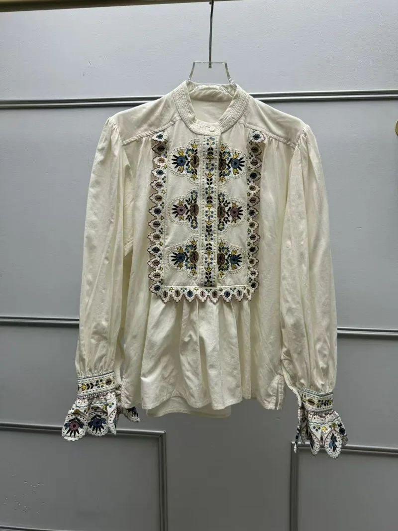 Women French Boho Colorful Embroidery Blouse Stand Collar Lantern Sleeve Scallop Cuff Loose Pleated Casual Shirt