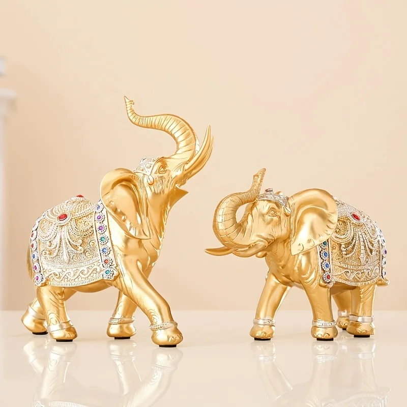 

2pcs Golden Resin Elephant Statues with Intricate Jewelry Design, Home Decor,Ornate Decorative Resin Crafted Elephant Decor