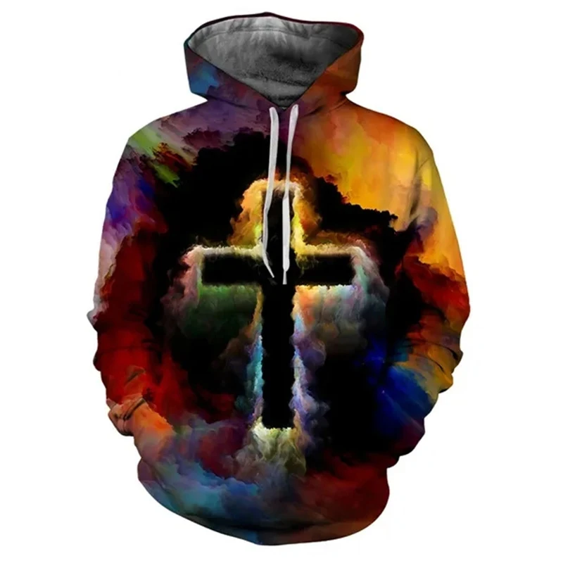 Christian Jesus Cross Graphic 3D Print Hoodies Men Women Hooded Sweatshirts Oversized Pullovers Y2k Tracksuit Tops Male Clothing