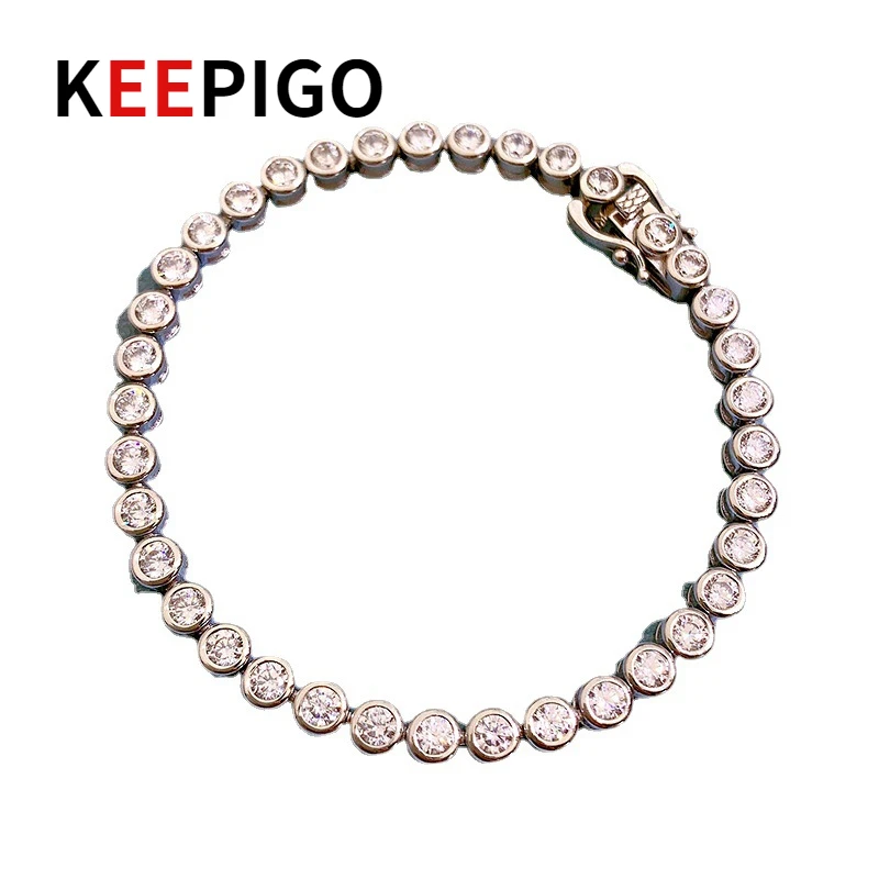 KEEPIGO Real S925 Sterling Silver 0.3ct Synthetic Moissanit Gem Bracelets Fine Jewelry Gifts RA154