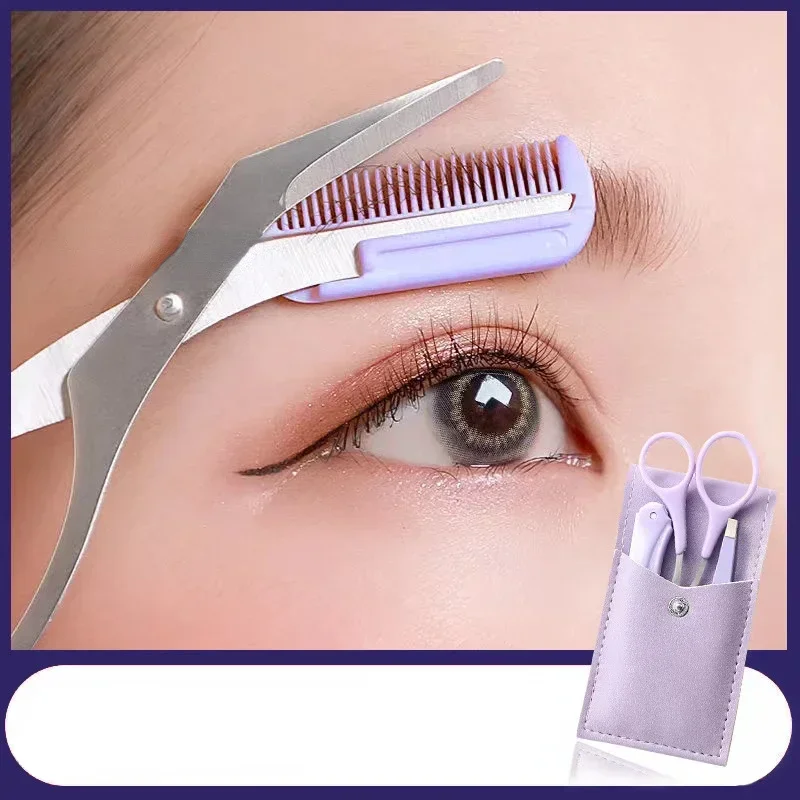 Purple Eyebrow Trimming Set Fashion Eyebrow Clip Folding Scraper Trimming Comb Scissors Eyebrow Tweezer