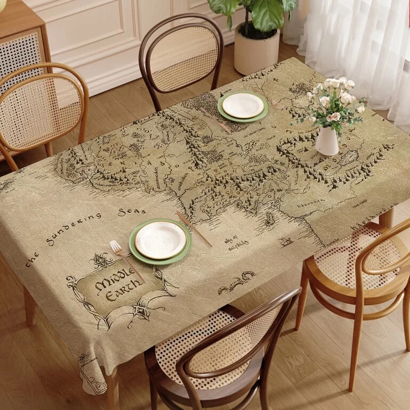 VIKAMA Middle Earth Map Tablecloth Retro Fantasy Print Waterproof Rectangular Dining Table Cover Kitchen Decor Table Cloth