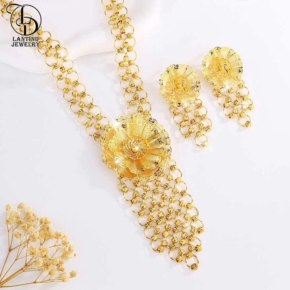24K金メッキフラワーセーターと女性用ロングネックレス、中東の高級品、タッセルイヤリング、ファッションジュエリー、2個セット、as00039
