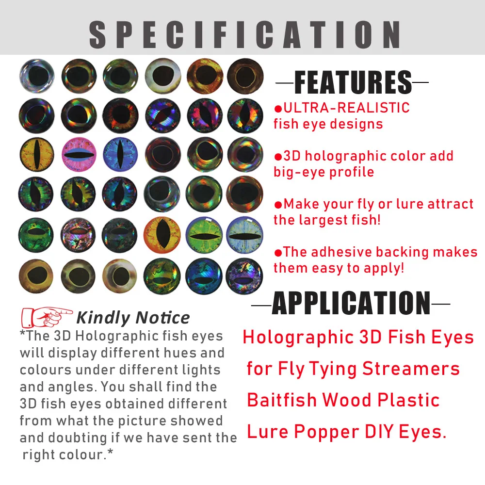 Wifreo 69pcs Wood Plastic Lure Popper DIY Eyes Holographic 3D 4D Fish Eyes for Fly Tying Streamers Baitfish 7mm 8mm 9mm 10mm