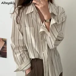 Striped Shirts for Women Long Sleeve Korean Style Loose Single Breasted Design Simple All-match Young Girls Spring Clothing Chic