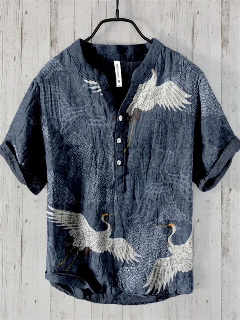 New Fashion Men's Printed V-neck Short Sleeve Shirt Foreign Trade Fashion Casual Loose T-shirt Bamboo Linen Shirt Top