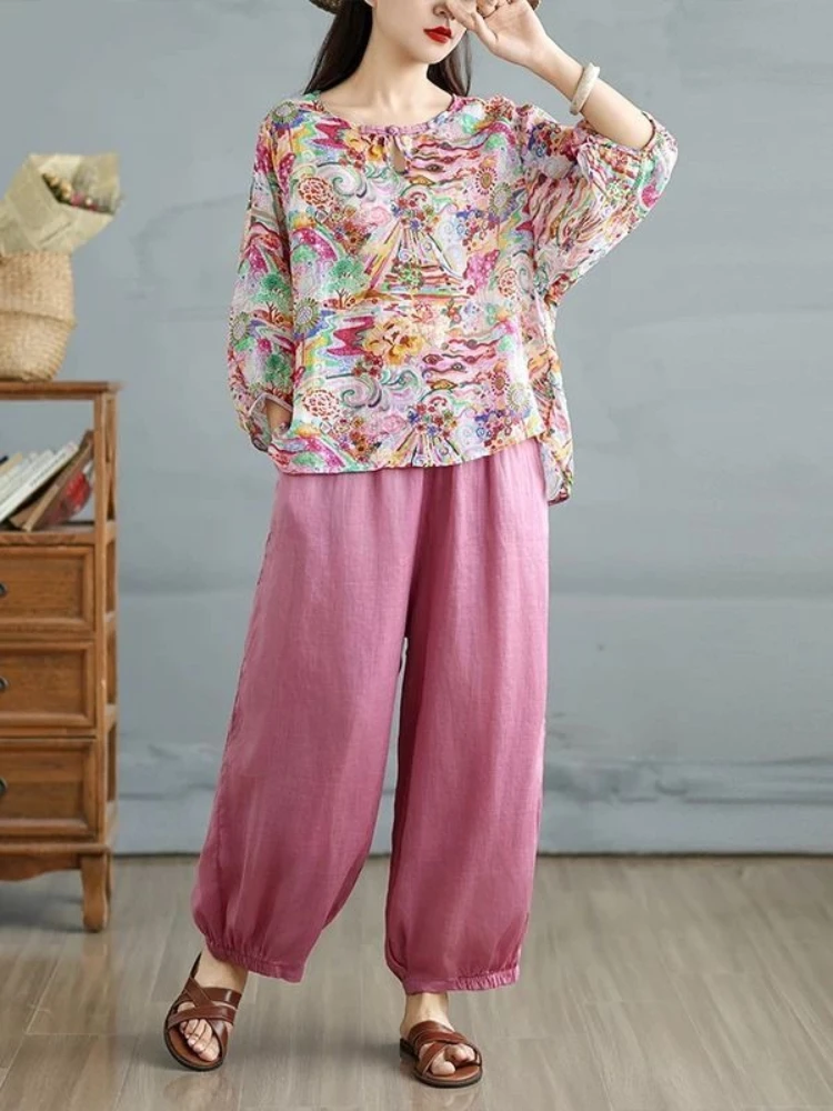 

Summer New Retro New Chinese Style Two Piece Set Women's Fashion Round Neck Loose Printed Top+Solid Color Lantern Pants
