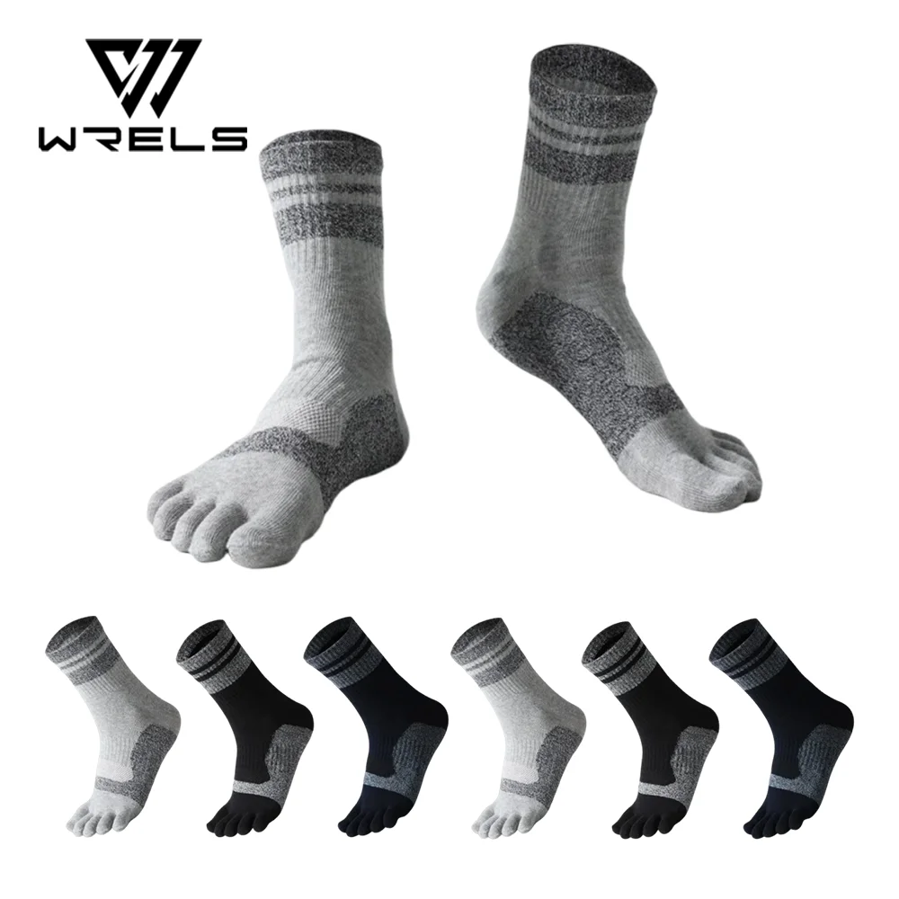 WRELS 1/2/3 Paar Winter-Baumwoll-Fünf-Zehen-Socken, schweißableitend, atmungsaktiv, dicke Zehensocken, mittelhohe Röhrensocken, geruchshemmend, Sport-Zehensocken