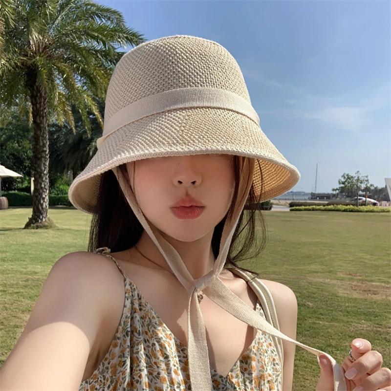 Beach Korean Lace-Up Straw Hat Summer Women Visor Bucket Hat Fisherman Hat Hand Weaving Panama Girl Fishing Chapeau Sun Hats