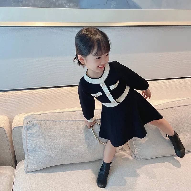 Mädchen Strickkleid Frühling Modisches Prinzessin Langarm Pulloverkleid