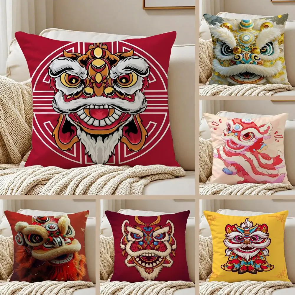 Traditional Dancing Lion Anime Lucky Cushion Cover Pillowcase Anti-dustmite Invisible Zipper Short Plush Sofa Cushion