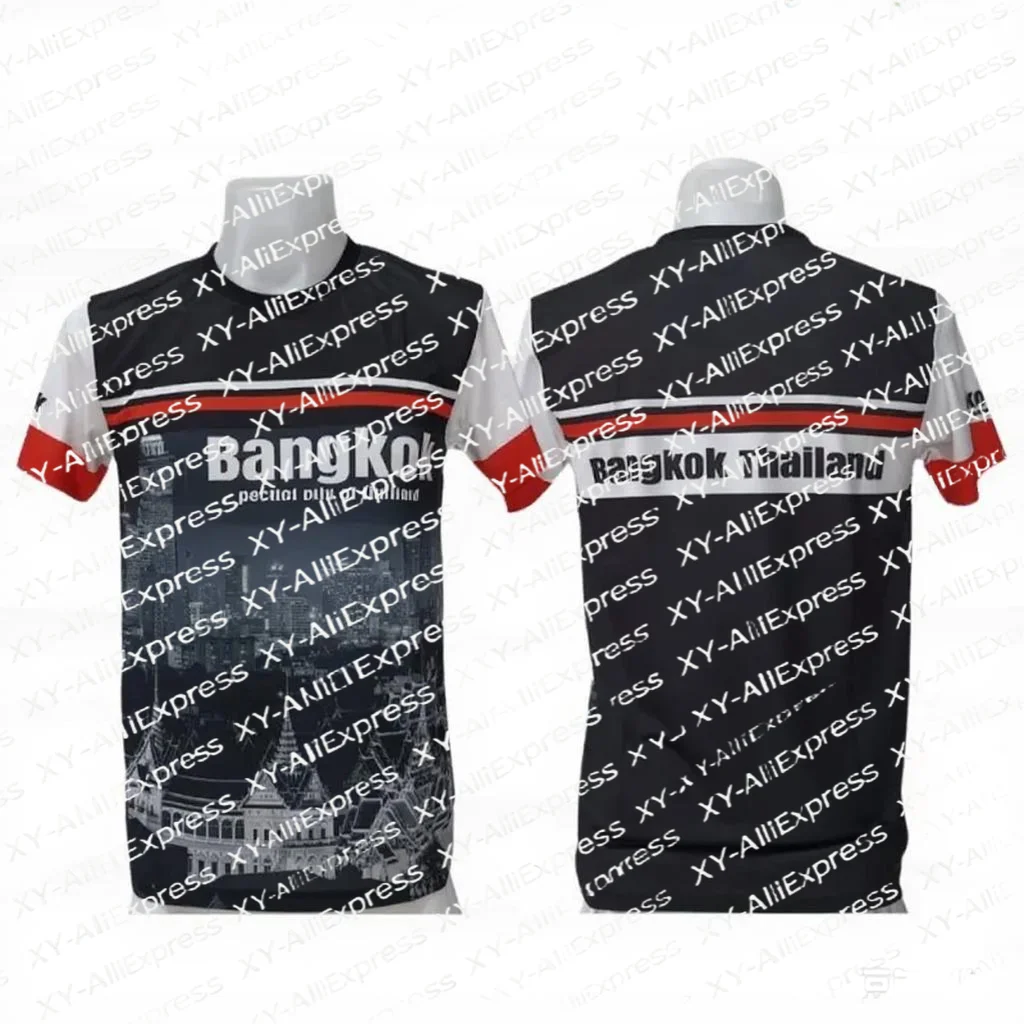 Red White Contrast Cuff Bangkok City Souvenir Short Sleeve Top, Breathable Quick-Dry  Exotic Travel Lover Theme Gathering Events