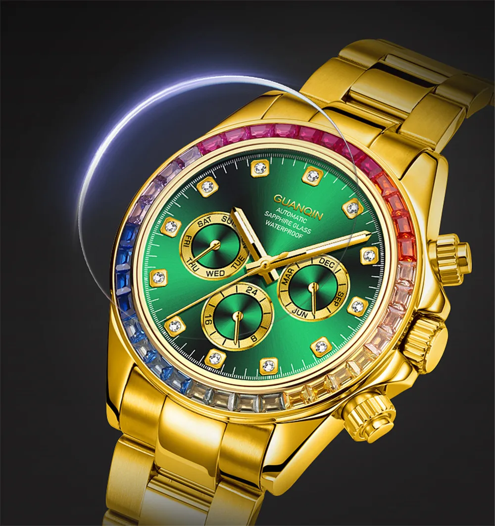 GUANQIN Week Month Роскошные мужские часы Водонепроницаемые автоматические механические часы с автоподзаводом и радужным кругом Часы из стали с сапфировым стеклом и бриллиантами