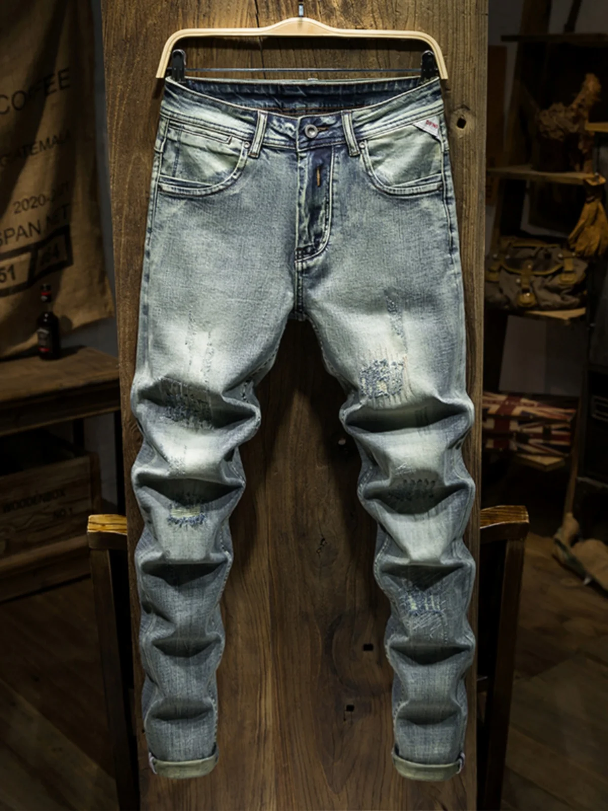 

Мужские джинсы-скинни в стиле ретро с эффектом потертости, осенне-зимние, новые, из эластичного хлопкового денима, повседневные, прямого кроя