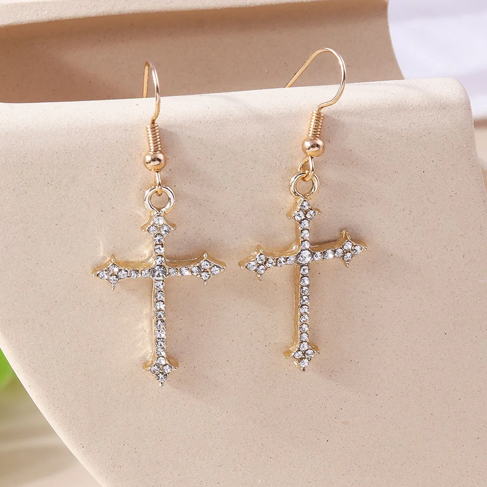 Dazzling Zircon Crystal Cross Earrings for Women Men Gothic Punk Hip Hop Jesus Crucifix Dangle Earring Christian Party Jewelry