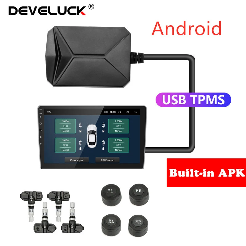 USB Android TPMS Tire Pressure Monitoring System 5V Internal External For Android Car Radio Navigation Display TPMS Alarm System