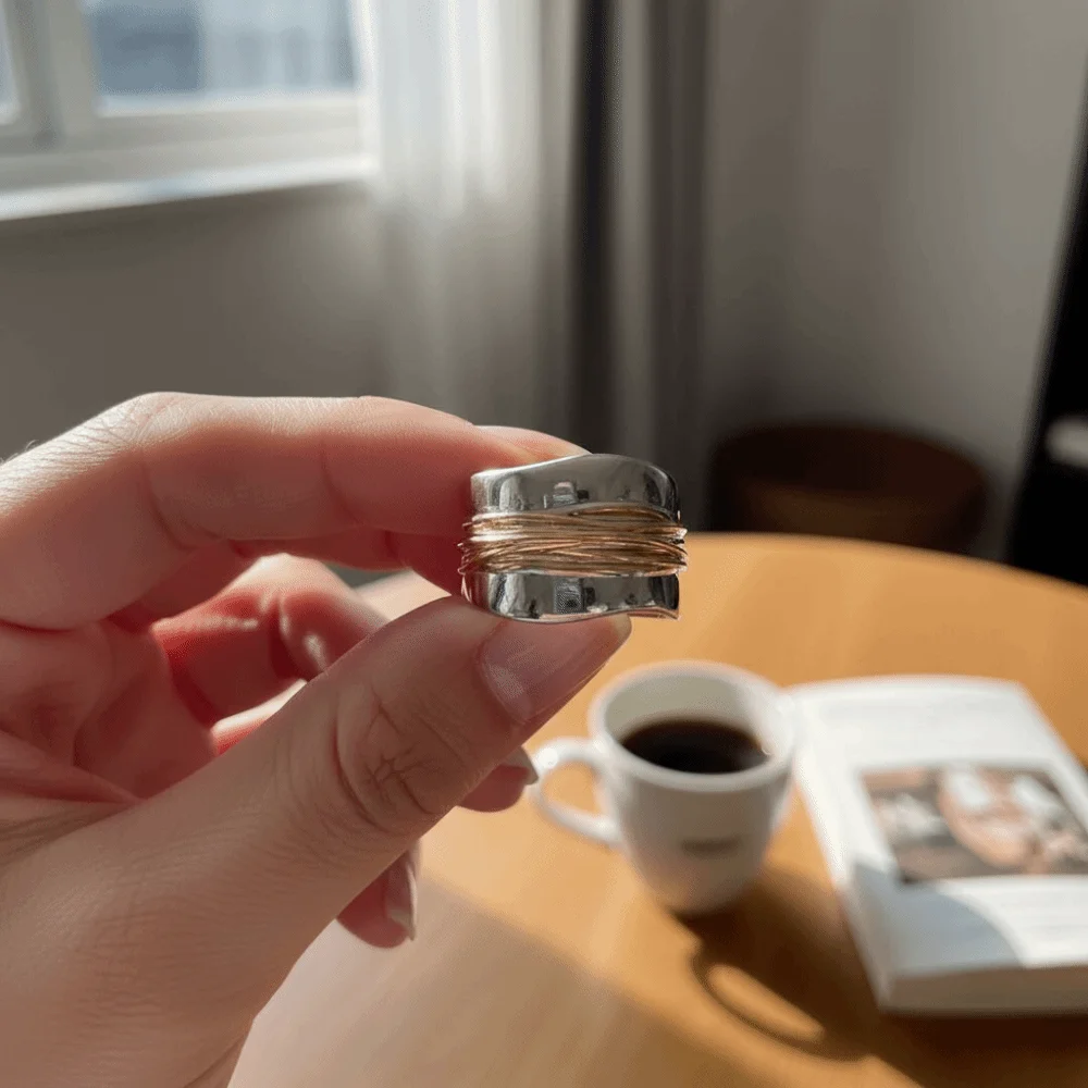 Double Layer Geometric Wide Face Ring Steel Wire Entwined Style Two-tone Ring Multi-loop Minimalist Punk Style Ring
