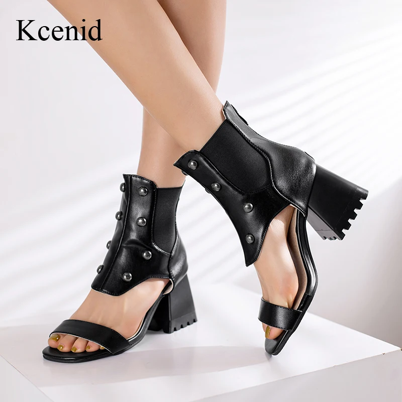 

Kcenid Plus Size35-48 Fashion Rivet Women`s Sandals Thick Heel Snakeskin Print Ankle-Wrap Summer Women Sandals Open Toe Boots