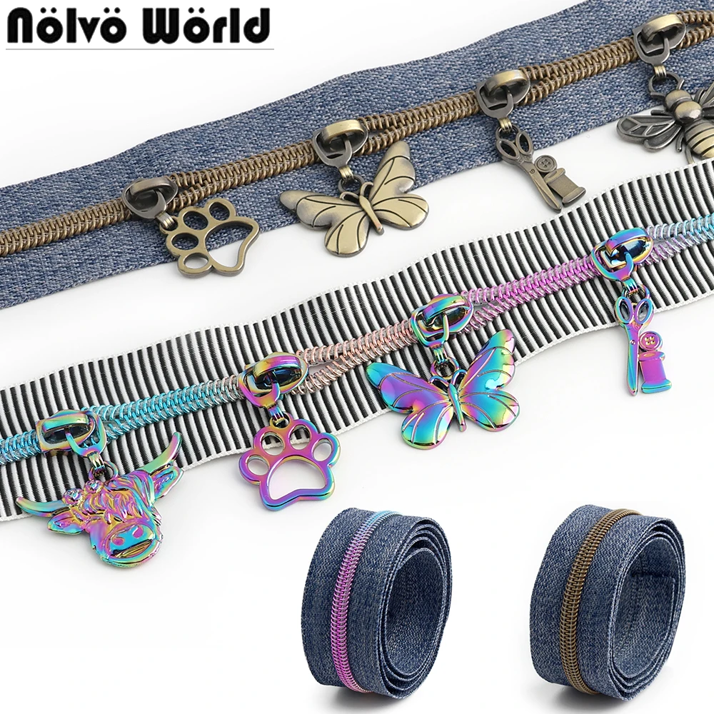 1/5/10Sets Antique,Rainbow Animal 5# Nylon Zipper Tape With Colored Zip Slider For Garment Pocket Bags Repair Kit Accessories