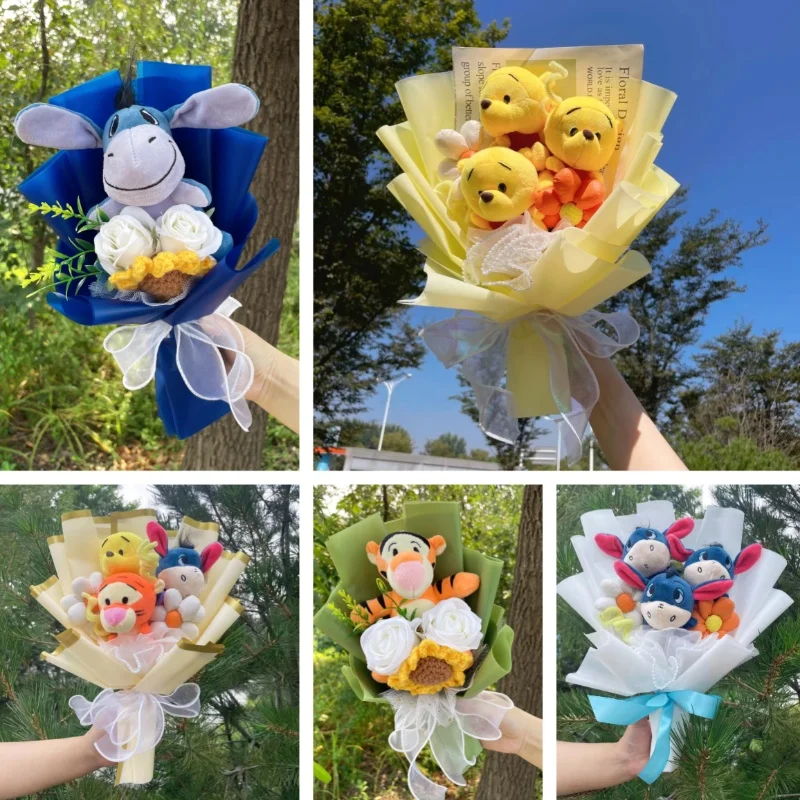 Cartoon Winnie the Pooh Plush Doll Toy Handmade Flower Bouquet Wedding Valentine's Day Christmas Graduation Gifts