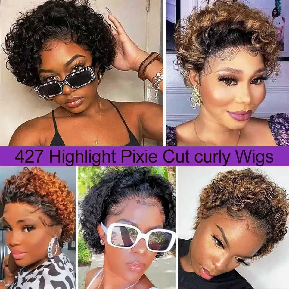 P427 Highlight Ombre Brown 13x1 Lace Front Pixie Cut Wigs 100% Human Hair Pre-Plucked Hairline Brazilian Virgin Hair Remy Hair - Image 5