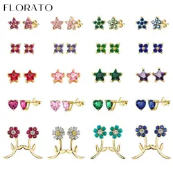 925 Sterling Silver Ear Needle Multi-color Crystal Earrings stars/flower Cute perforation Small Studs Fashion Party Jewelry gift