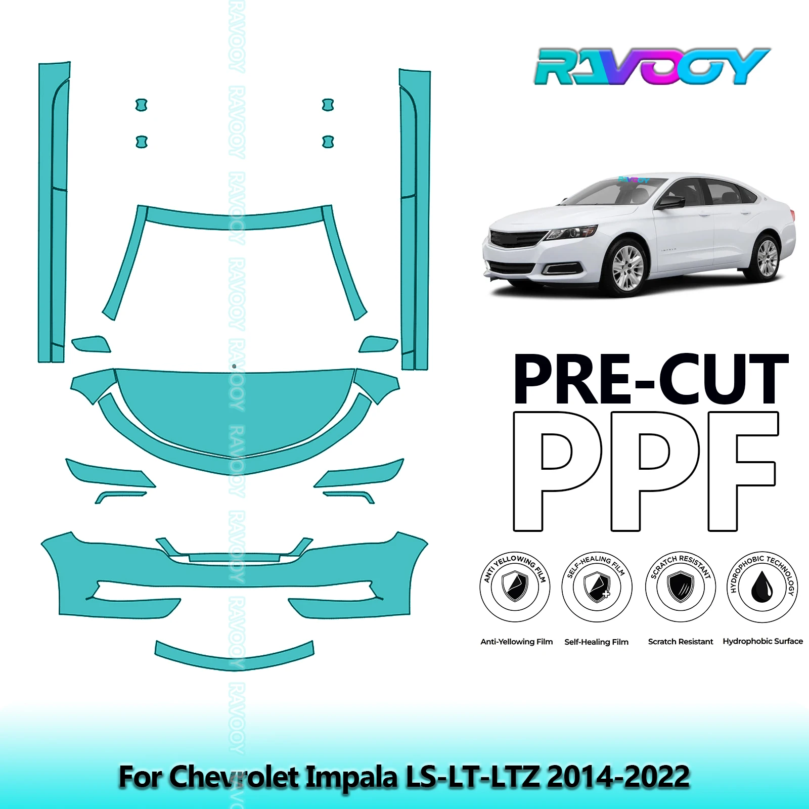 

8,5 мил предварительно вырезанная защитная пленка PPF, прозрачный бюстгальтер, передний комплект + брюки для Chevrolet Impala LS-LT-LTZ 2014-2022