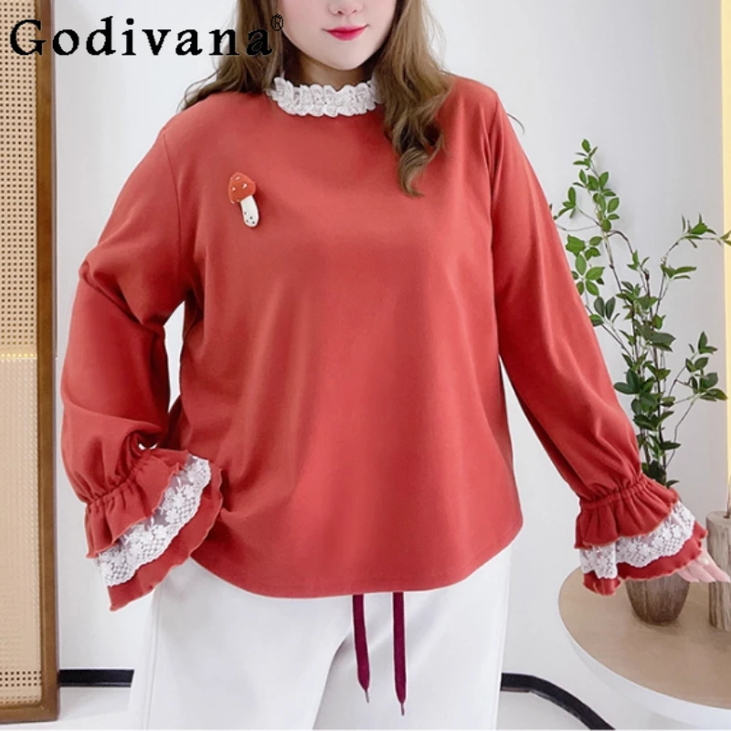 ربيع الخريف حجم كبير المرأة لطيف لوليتا قاع قميص الحلو الدانتيل طاقم الرقبة فضفاضة تنوعا تخفيض العمر بأكمام طويلة #1